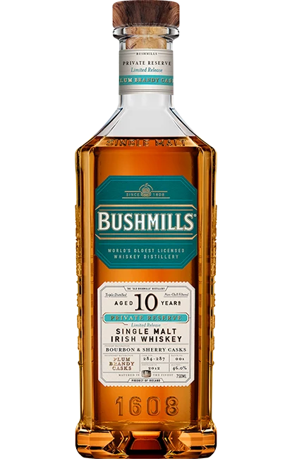 BUSHMILLS WHISKEY SINGLE MALT PLUM BRANDY CASKS PRIVATE RESERVE LIMITED RELEASE IRISH 10YR 750ML